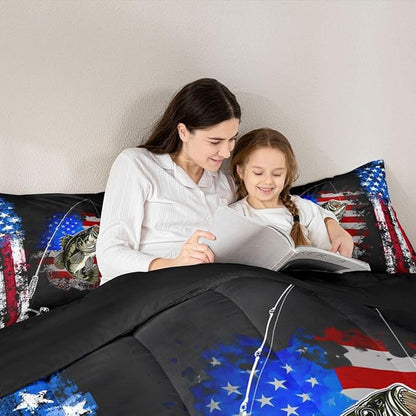 Big Pike Fish Bedding, American Flag Grunge Stripes Print Comforter Set Bass Fishing Comforter Set, Small Fish Pattern Hunting and Fishing Duvet Insert Farmhouse Decor Quilt with 2 Pillowcases Queen