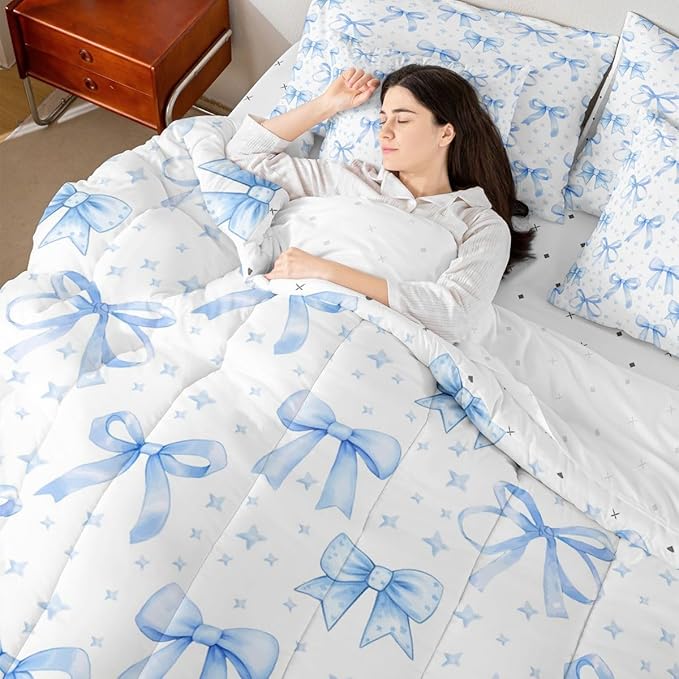 Erosebridal Bowknot Girls Blue Kawaii 7 Piece Bedding Set Twin | Cute Bow Comforter Set with Sheets Princess Bed in A Bag Starry Bed Sets