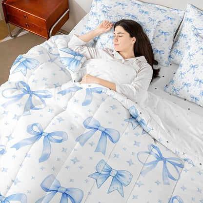 Erosebridal Bowknot Girls Blue Kawaii 7 Piece Bedding Set Twin | Cute Bow Comforter Set with Sheets Princess Bed in A Bag Starry Bed Sets