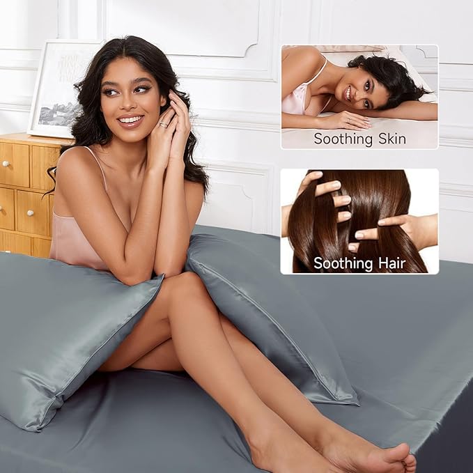 THXSILK Luxury Mulberry Silk Bed Sheets Set - 4pcs Silk Sheets Set 16" Deep Pocket - 1 Fitted Sheet, 1 Flat Sheet, 2 Pillowcases with Zipper Closure - King, Stone Blue
