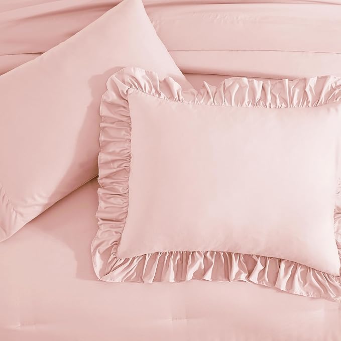 Full Comforter Set Soft Pink, Ruffle Shabby Chic Bedding Set Farmhouse 7 Pieces, All Season Fluffy Bed in a Bag with Sheets, Pillowcases & Shams
