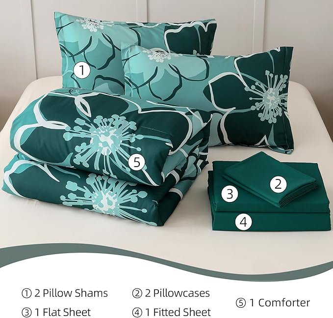 Anibedding 7Pieces Dark Green Floral Comforter Set Queen Size, Soft Microfiber Green Bed in a Bag Comforter Set with Sheets for All Season