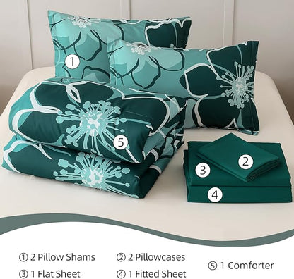 Anibedding 7Pieces Dark Green Floral Comforter Set King Size, Soft Microfiber Green Bed in a Bag Comforter Set with Sheets for All Season