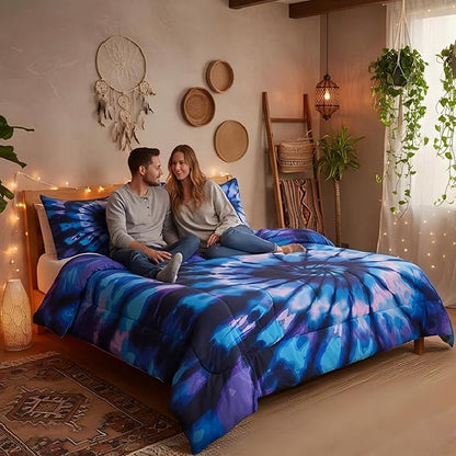 Purple Tie Dye Down Comforter Set, Blue Spiral Tie Dye Comforter, Hippie Boho Bohemian Gypsy Bedding Set, Abstract Printed Quilt Set and 2 Pillowcases, Full Size