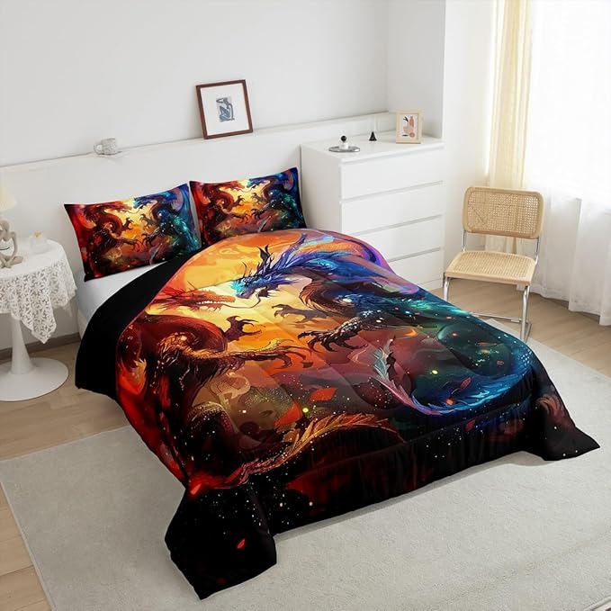 Feelyou Dragon Comforter Set King Size Western Dragon Comforter for Boys Girls Teens Wildlife Bedding Set Wild Animal Duvet Set Room Decor Dark Orange Quilt Set
