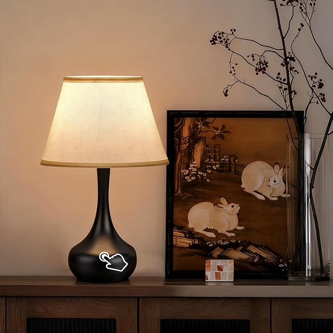 3-Way Dimmable Touch Table Lamps for Nightstand - Small Bedside Lamps with Fabric Shade in Black, Farmhouse Style Desk Lamp for Bedroom, Kids Room, Living Room, Home Office & Reading (Black)