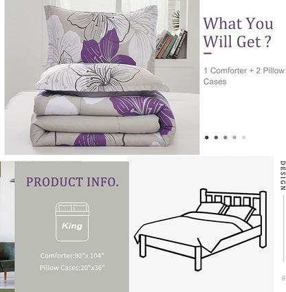 Menghomeus Floral Comforter Set King Purple Floral Pattern Printed on Grey, Soft Microfiber Bedding Set Lightweight Bed Set for All Season (1 Comforter, 2 Pillowcases)