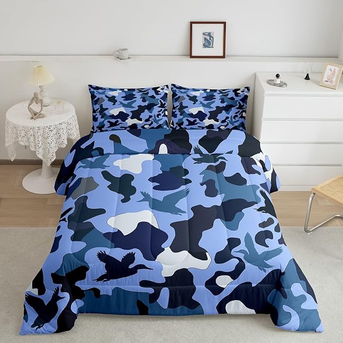 Erosebridal Camo Comforter Set Toddler Size Duck Hunter Bedding for Kids Boys Men Army Camouflage Hunting Bedding Comforter Sets Vintage Blue Black Room Decor Wild Animal Duck Rustic Duvet Insert