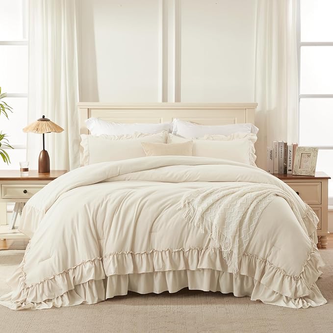 Andency Super King Ruffle Comforter Set, 3 Pieces Farmhouse Shabby Chic Bedding Set, Lightweight Soft Oversized King Comforter Set 120x120 for Girls Women (1 Comforter 2 Pillowcases), Beige