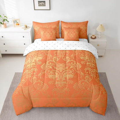 Erosebridal Gothic Damask Comforter Set 7 Piece Bed in a Bag Twin,Exotic Moth Bedding Sets Orange and Yellow Victorian Floral Goth Sheet Set with Comforter