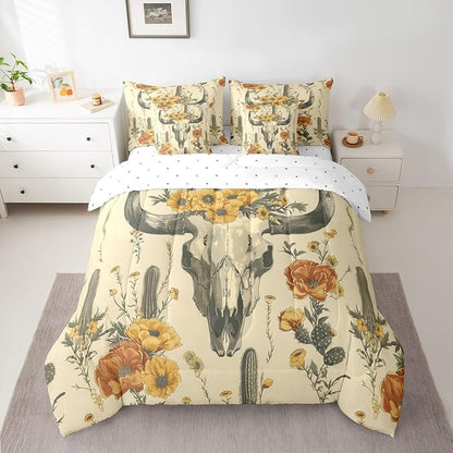Erosebridal Bull Skull Bed in A Bag Queen | Cactus Tropical Vintage Floral 7 Piece Comforter Set Ancient Mysterious Flower Sheet Set Boho Tribal Symbol Fitted Sheet Breathable Lightweight