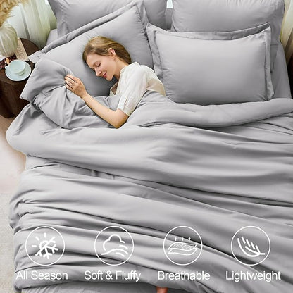 FUANNA Queen Comforter Set Light Grey, 7 Pieces Soft Bedding Sets Queen Size, All Season Lightweight Bed in a Bag with Comforter, Flat Sheet, Fitted Sheet, Pillowcases & Shams