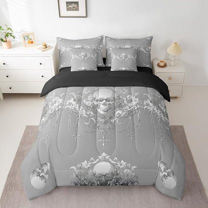 Erosebridal Gothic Comforter Set 7 Piece Bed in a Bag Twin,Goth Sugar Skull Bedding Set,Sliver White Damask Bohemian Vintage Floral Comforter and Sheet Set,Exotic Antique Victorian Baroque Decor