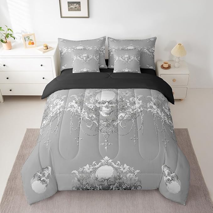 Erosebridal Gothic Bed in a Bag Queen Comforter Set 7 Piece,Goth Sugar Skull Bedding Set,Sliver White Damask Bohemian Vintage Floral Comforter and Sheet Set,Exotic Antique Victorian Baroque Decor