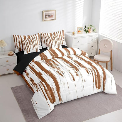Erosebridal 7Pcs Brown and White Geometric Comforter Set Full,Modern Abstract Striped Bedding with Bed Sheets,Boho Graffiti Watercolor Quilt Set for Women Men,Contemporary Aesthetic Art Bed in A Bag