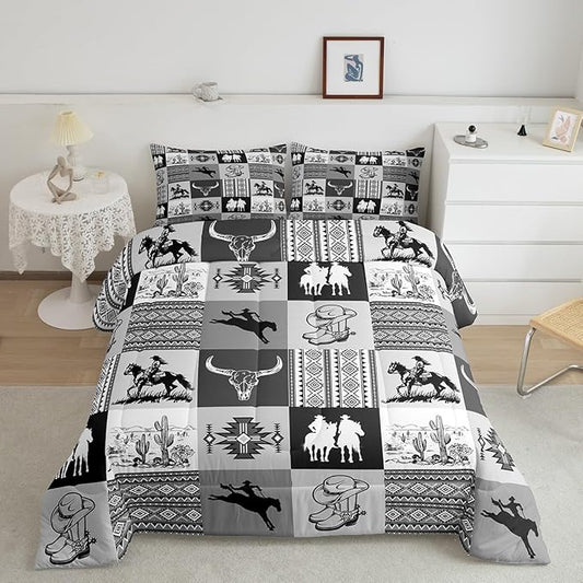 Southwestern Comforter Set,Cowboy Bedding Sets 3Pcs for Boys Girls Adult Room Decor,Aztec Boho Tribal Striped Quilt Set Bull Skull Cowboy Boots Print Black Grey Grid Duvet Insert Queen Size