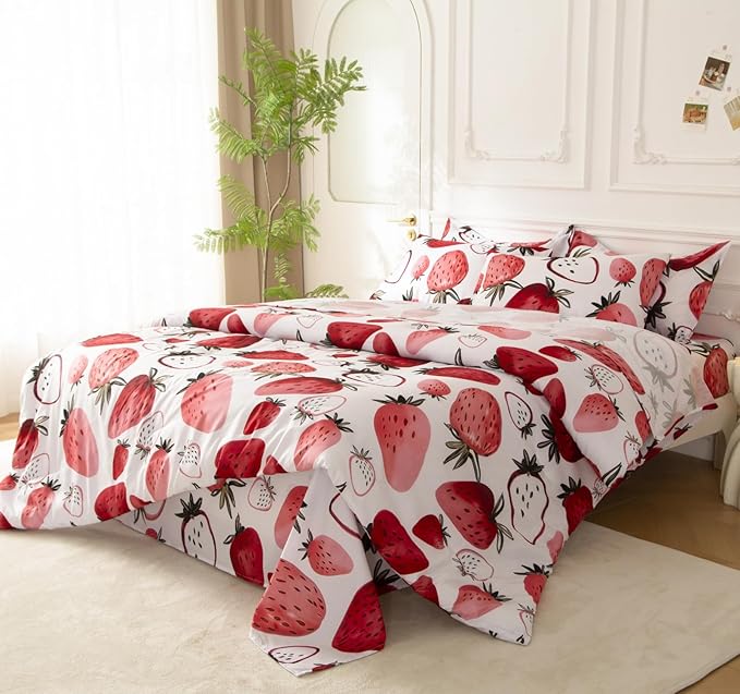 SDY 7PCS Strawberry Comforter and Sheet Set Twin Size, Cute Kawaii Pink Bedding Set for Girls, Kids Includes 1*Comforter,1* Flat Sheet, 1*Fitted Sheet,2*Pillowcases and 2*PillowcaseShams