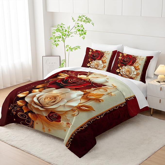 Red Rose Comforter Set Queen 7 Piece，Red Rose Bedding Sets Queen，(1 Comforter, 1 Flat Sheet, 1 Fitted Sheet, 2 Pillowcase and 2 Pillow Sham)