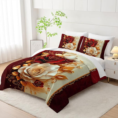 Red Rose Comforter Set Queen 7 Piece，Red Rose Bedding Sets Queen，(1 Comforter, 1 Flat Sheet, 1 Fitted Sheet, 2 Pillowcase and 2 Pillow Sham)