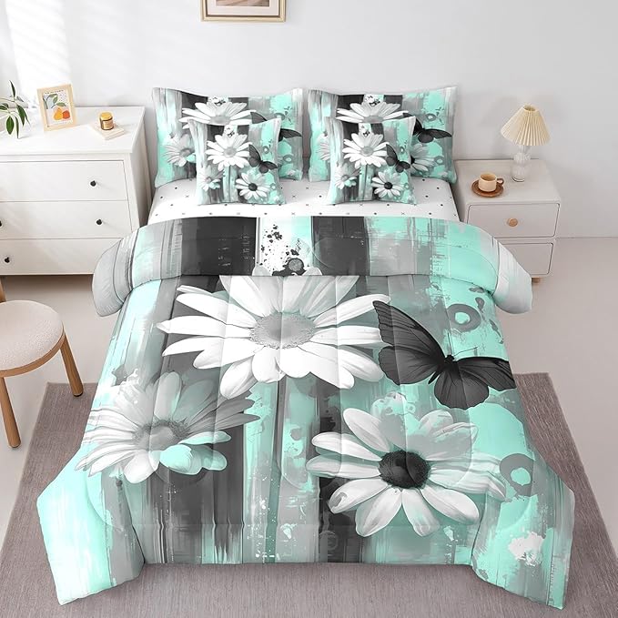 Feelyou Girls Daisy Flower Comforter Set with Sheets King Size 7 Pieces Kids Butterfly Floral Bedding Set for Boys Women Teens Teal Black Simple Modern Abstract Art Bed in a Bag Room Decor