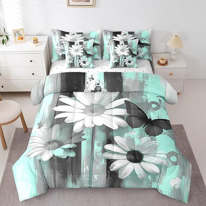 Feelyou Girls Daisy Flower Comforter Set with Sheets King Size 7 Pieces Kids Butterfly Floral Bedding Set for Boys Women Teens Teal Black Simple Modern Abstract Art Bed in a Bag Room Decor
