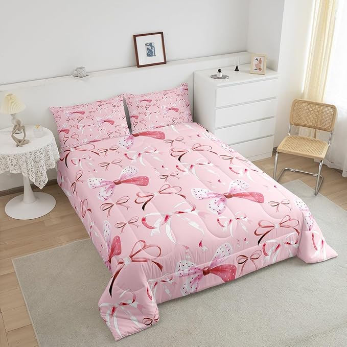 Feelyou Pink Girls Bow Bedding Set Boys Girls Twin Size Bow Comforter Set for Kids Women Men Ultra Soft Cute Bowknot Comforter Lovely Duvet Set