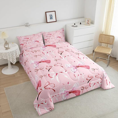 Feelyou Pink Girls Bow Bedding Set Boys Girls Full Size Bow Comforter Set for Kids Women Men Ultra Soft Cute Bowknot Comforter Lovely Duvet Set