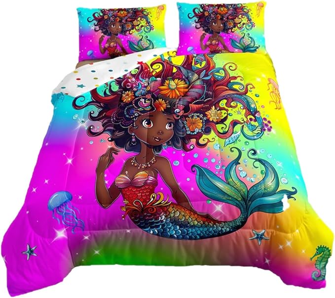 Erosebridal Gothic Mermaid Twin Comforter Set for Girls,Black Girls Bedding Set Afro Girl Quilt,American African Princess Magical Down Comforter for Toddler Kids,Ocean Jellyfish Cute Room Decor