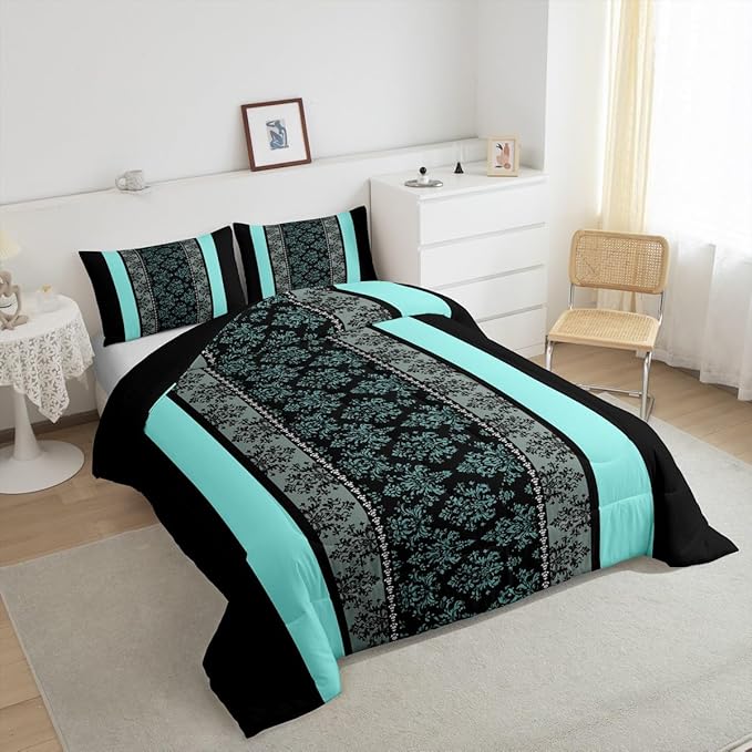 jejeloiu Adult Classic Jacquard Bedding Set Queen Size Damask Pattern Comforter Set for Boys Girls Black Teal Stripe Duvet Set Baroque Quilt Set 3Pcs