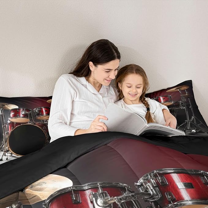 Erosebridal Drum Kit Comforter Set Full Size Rock Music Theme Duvet Set for Kids Boys Girls Teens Musical Instrument Bedding Set Red Black Drum Kit Hip Hop Quilt Set for Decor Gift