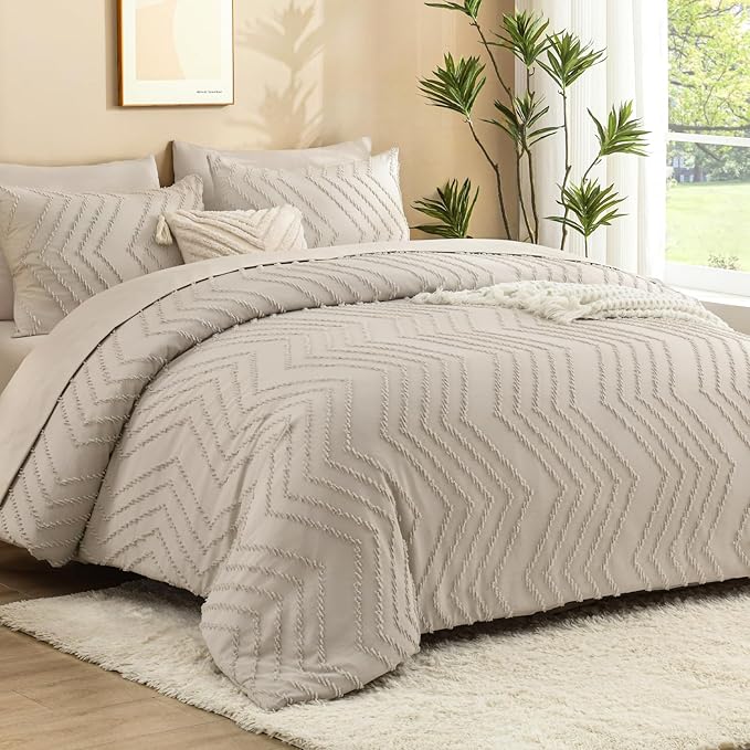 Litanika Twin XL Comforter Set Oatmeal - Boho Tufted Shabby Chic Bed in a Bag for College Dorm, 5 Pieces Fluffy Soft Farmhouse Bed Set for All Seasons