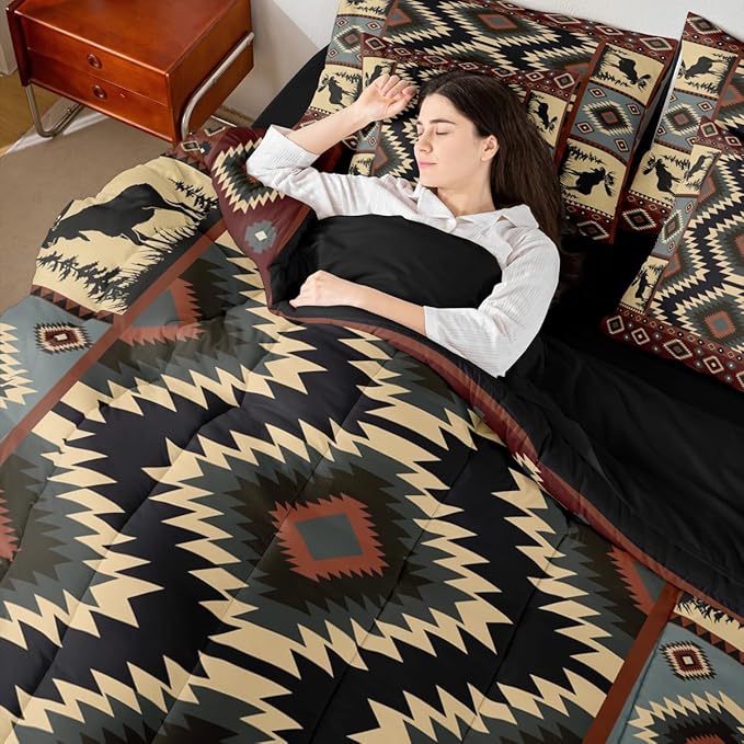 Erosebridal Buffalo Southwest Rustic 7-Piece Comforter Set Queen,Country Farmhouse Aztec Bedding Set for Teens Adult,Tribal Deer Sheets Wildlife Hunting Theme Duvet Insert Western Cabin Decor
