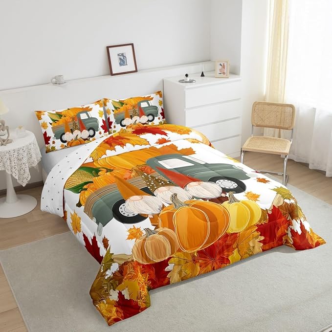 Fall Pumpkins Comforter Set Cute Autumn Gnomes Bedding Sets Thanksgiving Harvest Season Theme Comforter Full Gifts For Kids Teen Adults,Maple Leaves Soft Microfiber Quilt Duvet 2 Pillow Cases