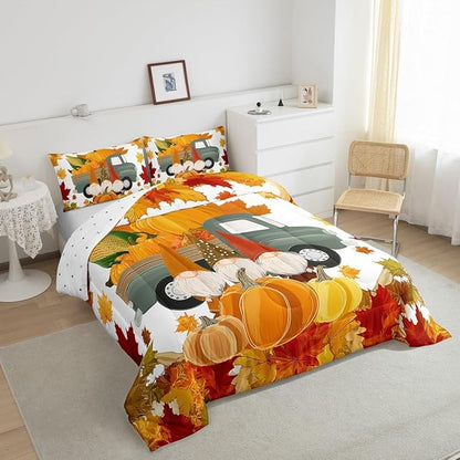 Fall Pumpkins Comforter Set Cute Autumn Gnomes Bedding Sets Thanksgiving Harvest Season Theme Comforter King Gifts For Kids Teen Adults,Maple Leaves Soft Microfiber Quilt Duvet 2 Pillow Cases