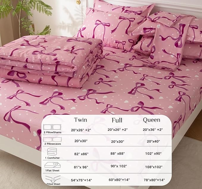 SDY 7PCS Twin Size Pink Bow Comforter & Sheet Set - Cute Room Decor Bedding for Girls, Includes 1 Comforter, 1 Flat &1 Fitted Sheet, 2 Pillowcases & 2 Pillow Shams, Cozy Adorable for Girls’ Bedroom
