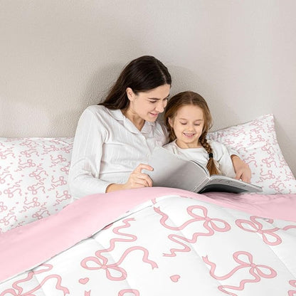 Pink Bow Print Bedding Sets Twin Size,Girl Sweet Princess Style Comforter Set 2Pcs for Kids Girls Women Room Decor,Cute Love Pattern Quilted Duvet Girly Bowknot Down Comforter,1 Pillowcase