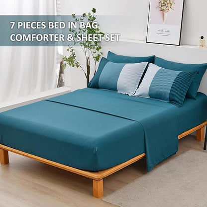 Teal Blue Queen Comforter Set, Blue Striped Bed in a Bag Soft Bedding Set All Season Patchwork Bed Set Microfiber 7 Piece Filling Comforter, Flat/Fitted Sheets and Pillowcase 90"x90"