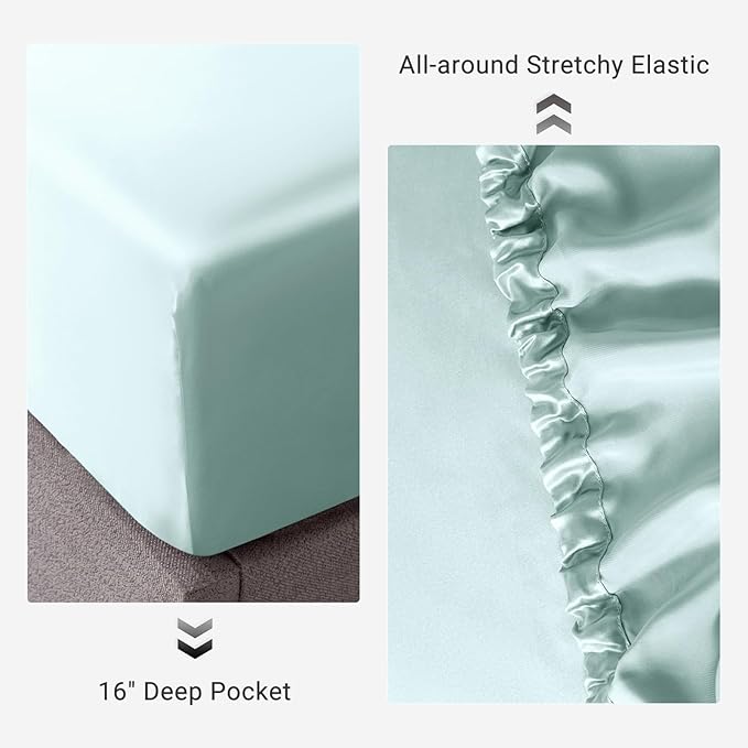 THXSILK 100% Mulberry Silk Fitted Sheet Set, 7A+ Silk 3 Pieces Bed Sheets, Breathable, Smooth, 16 Inch Deep Pocket Fitted Sheet, 2 Pillowcases - Light Blue, King