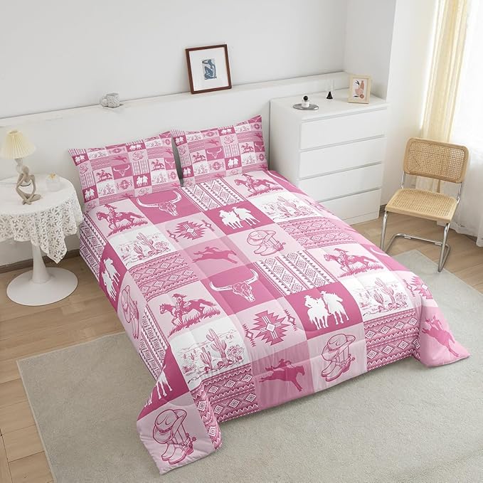 Western Bedding Sets King Size,Pink Cowboy Cowgirl Comforter Set for Kids Girls Boys Women Room Decor,Bull Skull Aztec Tribal Pattern Quilt Set Pink Striped Patchwork Gird Duvet Insert 3Pcs