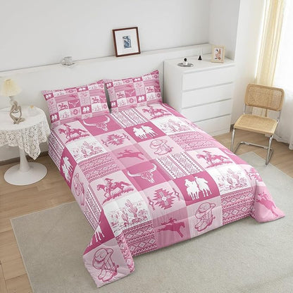 Western Bedding Sets King Size,Pink Cowboy Cowgirl Comforter Set for Kids Girls Boys Women Room Decor,Bull Skull Aztec Tribal Pattern Quilt Set Pink Striped Patchwork Gird Duvet Insert 3Pcs