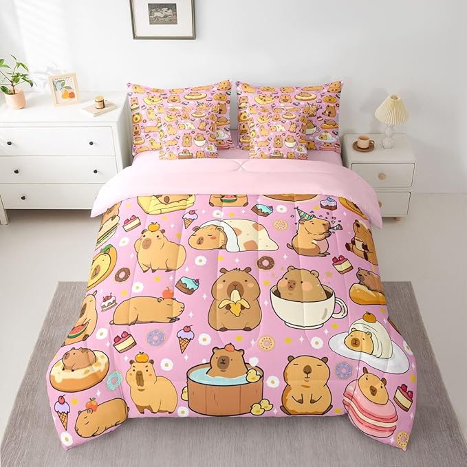 Cute Capybaras 7 Pieces Bedding Set King Size,Pink Cartoon Capybara Bed in a Bag,Kawaii Rodent Animals Bed Set Includes Comforter,Sheet Set,Pillowcases & Pillow Covers,Ice Creams Cakes Bedroom Decor
