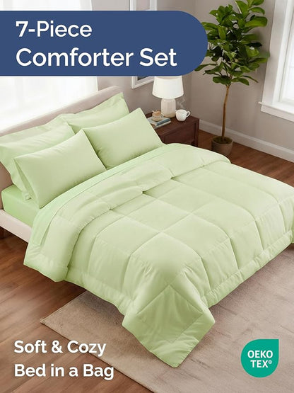 Full Comforter Set - 5 Piece Bed in a Bag Full Size Bed Set - Down Alternative Comforter, Flat Sheet, Fitted Sheet, Pillowcase & Shams for All Seasons - Ultra Soft and Breathable - Light Sage Green