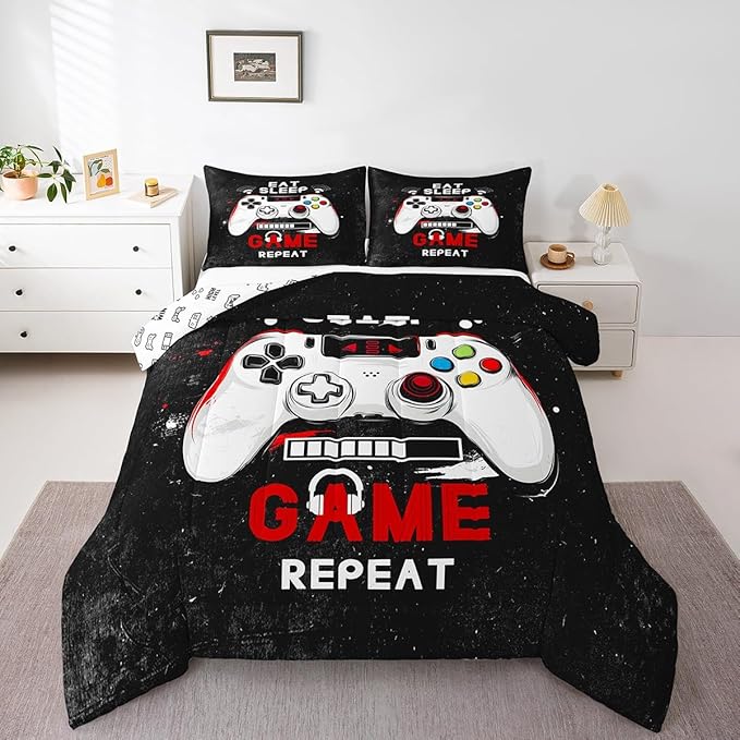 jejeloiu Eat Sleep Game Bedding Set King Size Cartoon Gamer Comforter Set for Kids Boys Girls Modern Game Duvet Set Black Red Quilt Set 3Pcs