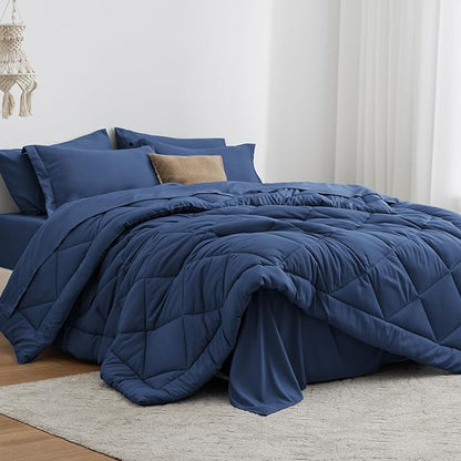 Love's cabin King Size Comforter Set Dark Blue, 7 Pieces King Bed in a Bag, All Season Bedding Sets with 1 Comforter, 1 Flat Sheet, 1 Fitted Sheet, 2 Pillowcase and 2 Pillow Sham