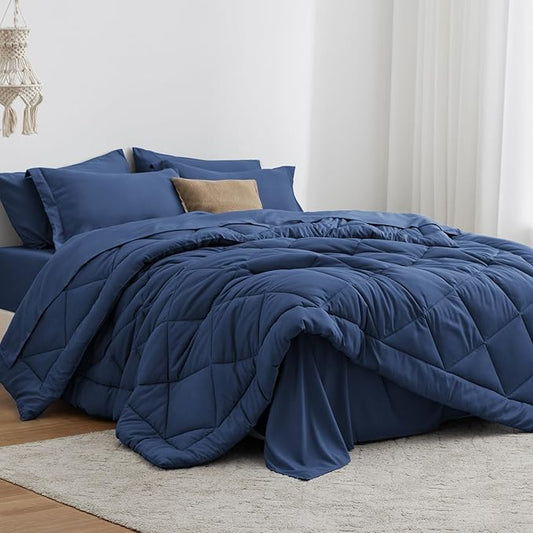 Love's cabin Queen Comforter Set Dark Blue, 7 Pieces Queen Bed in a Bag, All Season Bedding Sets with 1 Comforter, 1 Flat Sheet, 1 Fitted Sheet, 2 Pillowcase and 2 Pillow Sham