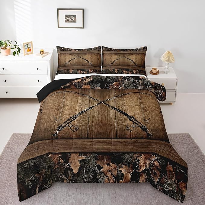 Erosebridal Camouflage Fishing Bedding Set Full Fishing Line Rod Comforter Set Rustic Farmhouse Tree Branch Camo Quilt Bedding for Kids Adults Cabin Lodge Bed Comforter Set Soft Lightweight 3 Pcs