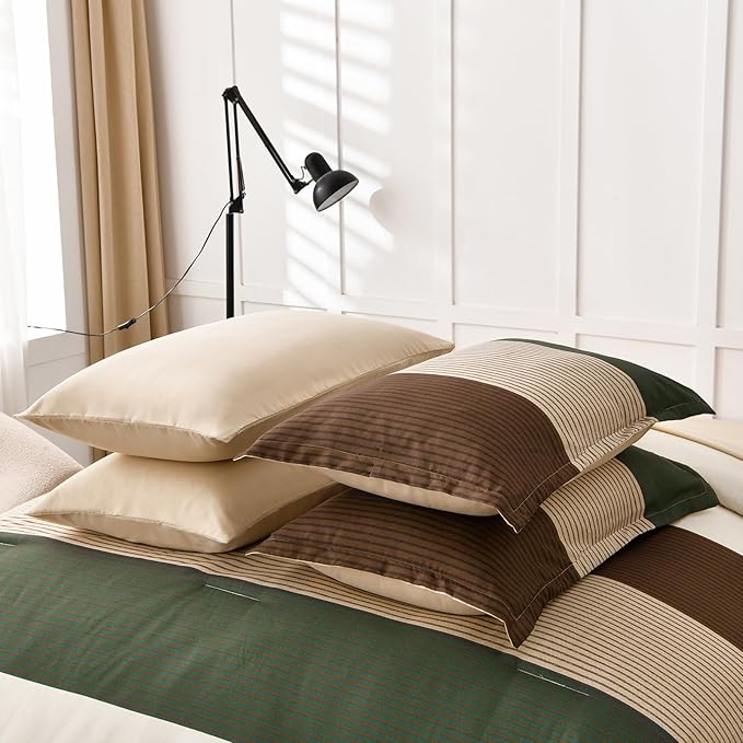 Anibedding Striped Comforter Set Full Size, Boho Brown Green Striped Bedding Comforter Set 7 Piece Bed in a Bag, Soft Microfiber Down Alternative Farmhouse Bedding Set for All Season(78''x90'')