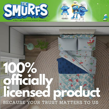 The Smurfs Kids Bedding Super Soft & Cozy Reverisble Microfiber Comforter and Sheet Set with Sham, 5 Piece Twin Size, (Officially Licensed Product) by Franco