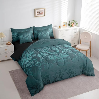 Erosebridal Gothic Damask Comforter Set 7 Piece Bed in a Bag Twin,Butterfly Skull Bedding Sets Turquoise Victorian Floral Goth Sheet Set with Comforter