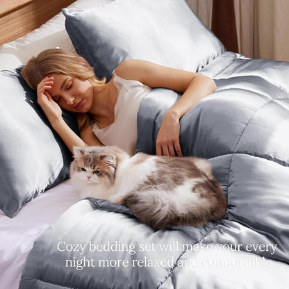 Whale Flotilla 3-Piece Reversible Silky Soft King Size Comforter Bedding Set, Luxurious Satin Comforters Oversized with 2 Satin Pillowcases, Lightweight Duvet for All Seasons, Grey
